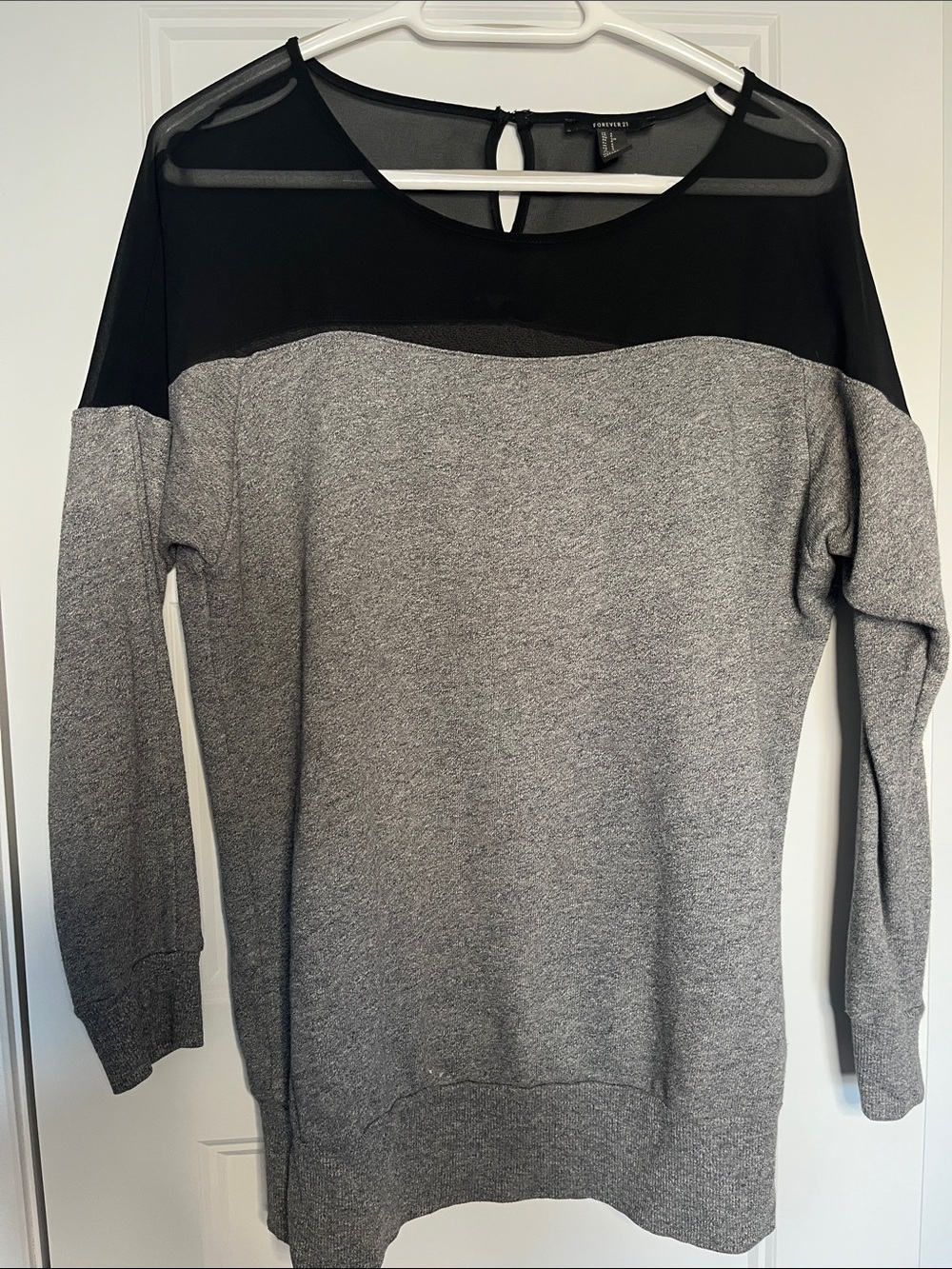 Forever 21 Gray and Black Sheer Yoke Crewneck Sweater